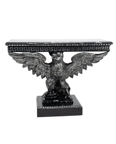 Lavish Carved Eagle Black Wood Console Table with Marble Top