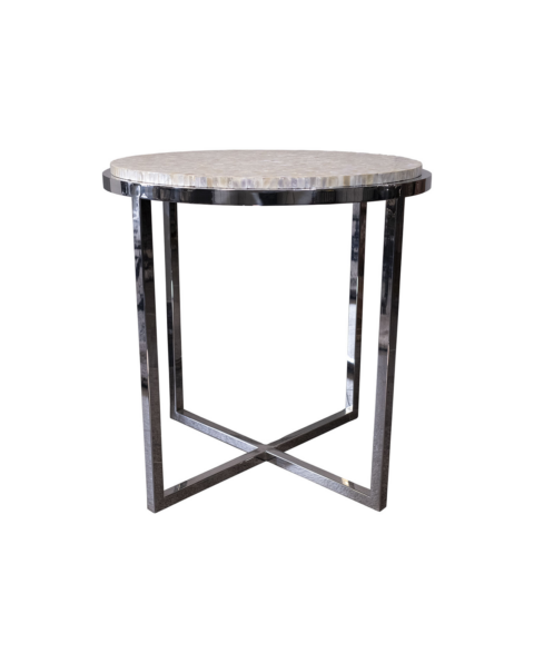 ROUND MOTHER OF PEARL SIDE TABLE WITH CHROME LEGS