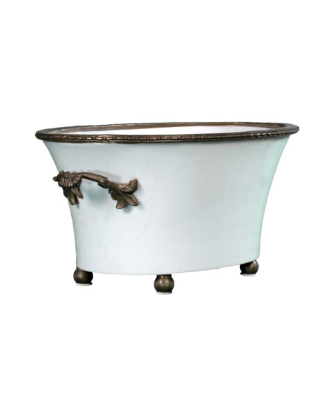 White Oval Planter with brass rim, holders and stand
