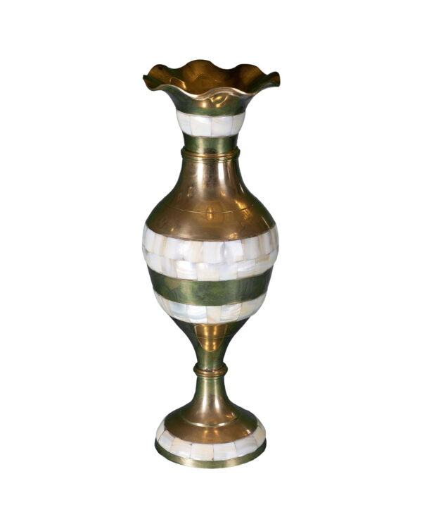 Exquisite Vintage Brass-Finish Inlaid Mother of Pearl Vase