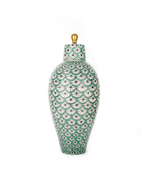 Elegant Large Hand-Painted Ceramic Jar with Golden Finial Lid