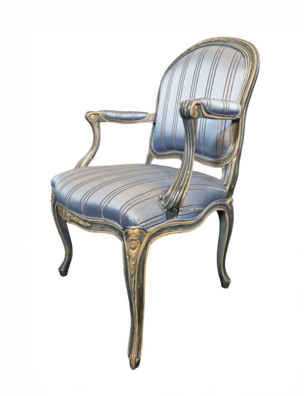 HAND-CARVED LOUIS XV STYLE STRIPED ARMCHAIR