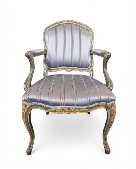 HAND-CARVED LOUIS XV STYLE STRIPED ARMCHAIR