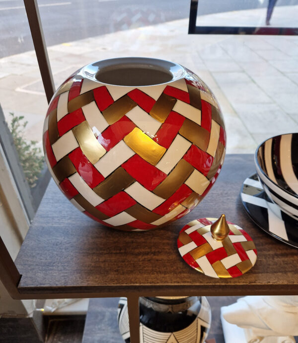 Geometric Ceramic Jar in Red & Gold - 20x25cm